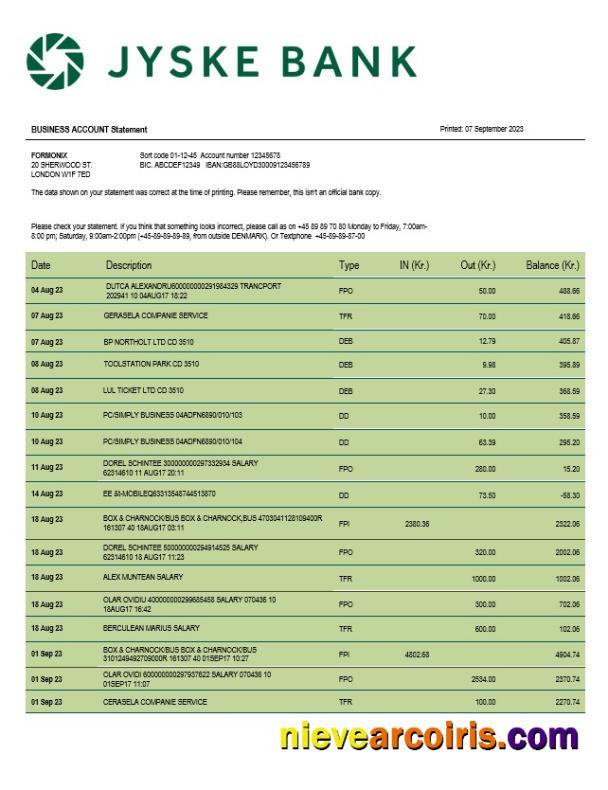Jyske Bank business statement